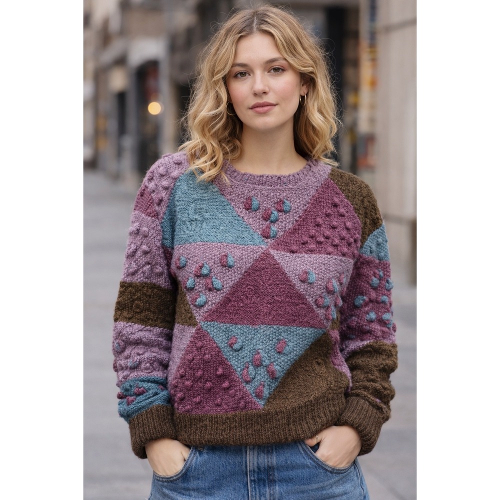 Meritage Patchwork Textured Knit Sweater Women Geometric Bobble‎ Colorblock Cozy
